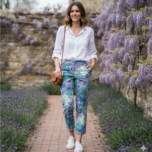 Larry Levine Watercolor Floral Trousers Teal & Purple Abstract  ankle Pants SZ 8